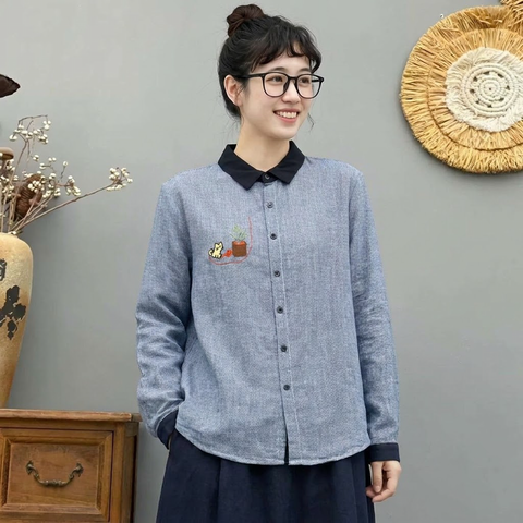 M-L 大流行新作 千鳥格子 配色 刺繍 森ガール シングルブレスト 長袖 シャツ M レッド
