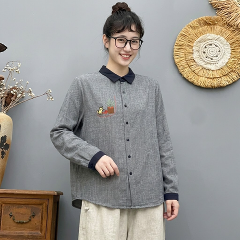 M-L 大流行新作 千鳥格子 配色 刺繍 森ガール シングルブレスト 長袖 シャツ M レッド