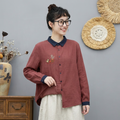 M-L 大流行新作 千鳥格子 配色 刺繍 森ガール シングルブレスト 長袖 シャツ L レッド
