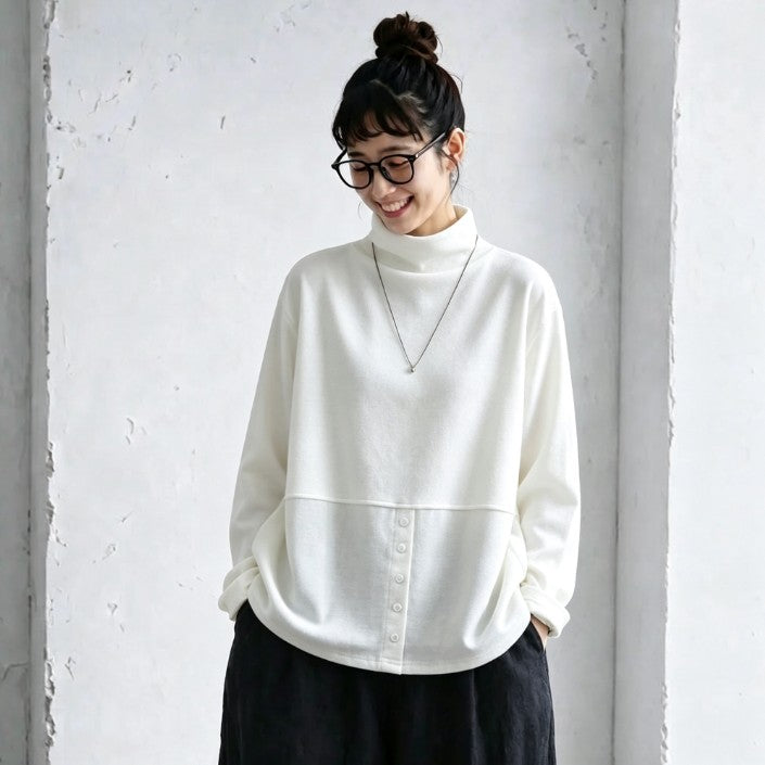 L-5XL ハーフネック バックボタン ルーズ レトロ 長袖 Ｔシャツ 5XL ホワイト