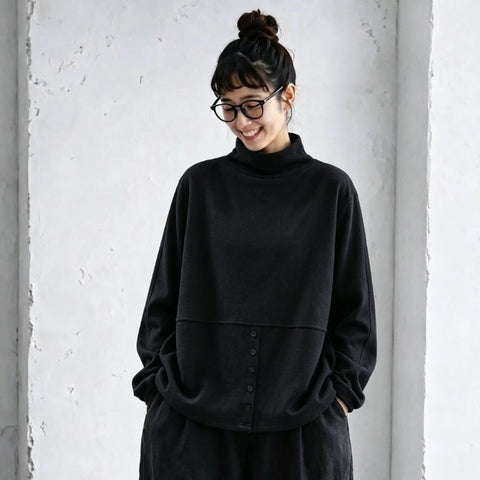 L-5XL ハーフネック バックボタン ルーズ レトロ 長袖 Ｔシャツ 5XL ブラック