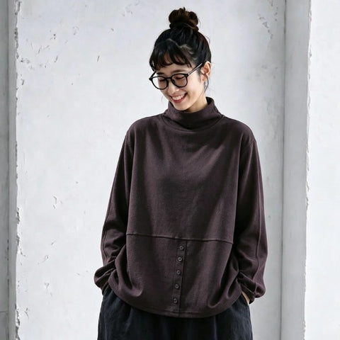 L-5XL ハーフネック バックボタン ルーズ レトロ 長袖 Ｔシャツ 5XL ダークパープル