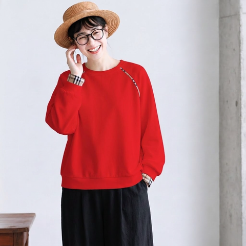 S-3XL チェック切り替え  シンプル ラウンドネック パーカー 3XL レッド