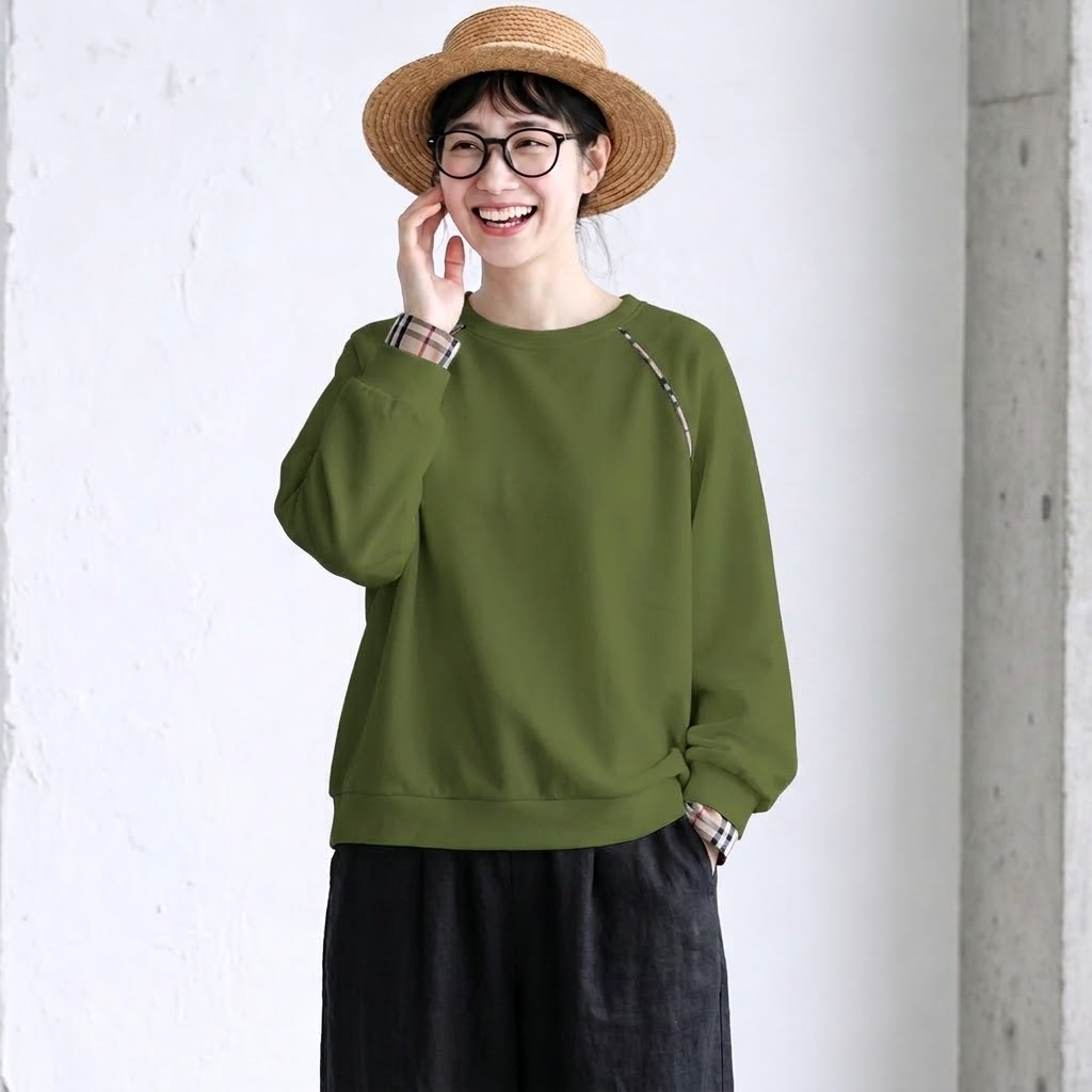 S-3XL チェック切り替え  シンプル ラウンドネック パーカー 3XL グリーン