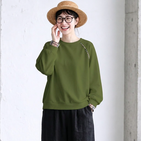 S-3XL チェック切り替え  シンプル ラウンドネック パーカー 3XL グリーン