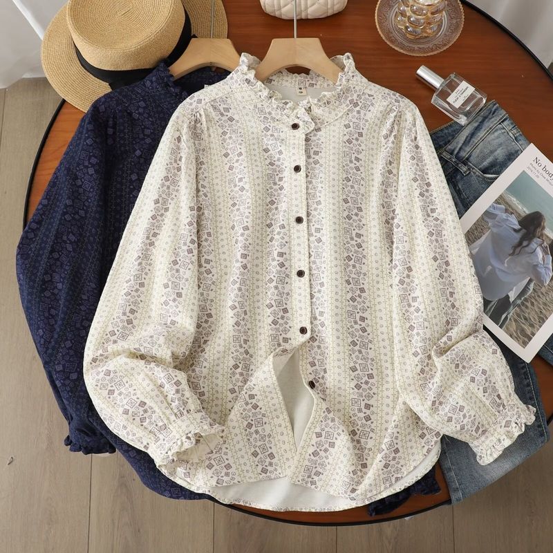 M-XL 新作発売！ ボタン フリル 長袖 花柄 コットン  シャツ M アイボリー