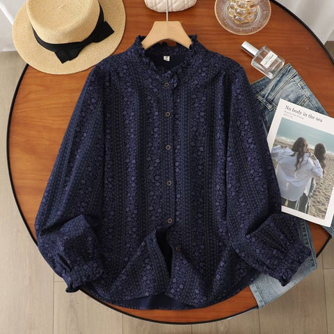 M-XL 新作発売！ ボタン フリル 長袖 花柄 コットン  シャツ M アイボリー