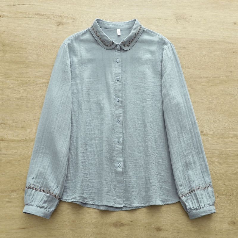 大人可愛いML 刺繍 無地 シャツ袖 長袖 エスニック系 シャツ M ホワイト