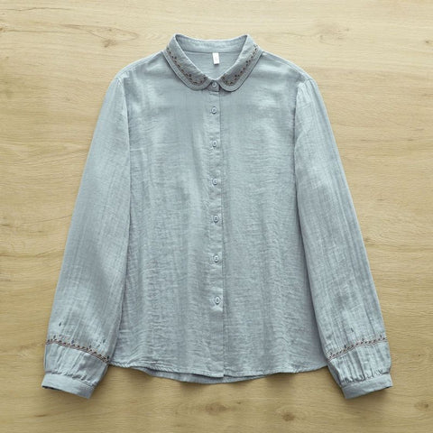 大人可愛いML 刺繍 無地 シャツ袖 長袖 エスニック系 シャツ M ホワイト