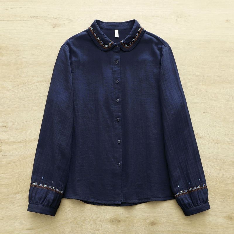 大人可愛いML 刺繍 無地 シャツ袖 長袖 エスニック系 シャツ M ホワイト