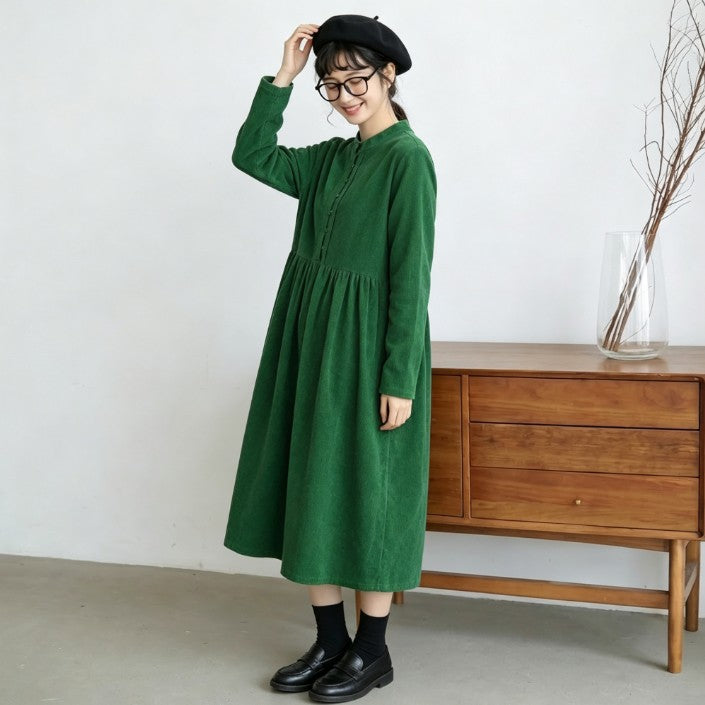 今季トレンドM-XL 長袖 ギャザー ボタン 無地 シンプル カジュアルワンピース M ブラウン