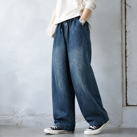 M-2XL ウエストドローコード 切り替えデザイン ワイドシルエット デニムパンツ M ブラック