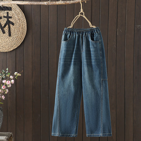 M-3XL ハイウエスト 無地 シンプル ジーンズ 3XL ブルー01