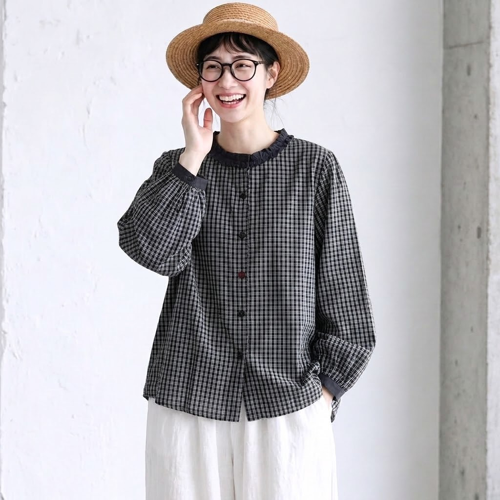 S-XL 好印象MAX♡シングルブレスト 森ガール 切り替え フリル 長袖 シャツ S 写真通り