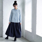 M-L 新作発売！ ランタンスリーブ 無地 長袖 刺繍 パフカラー シングルブレスト レトロ シャツ M ネイビー