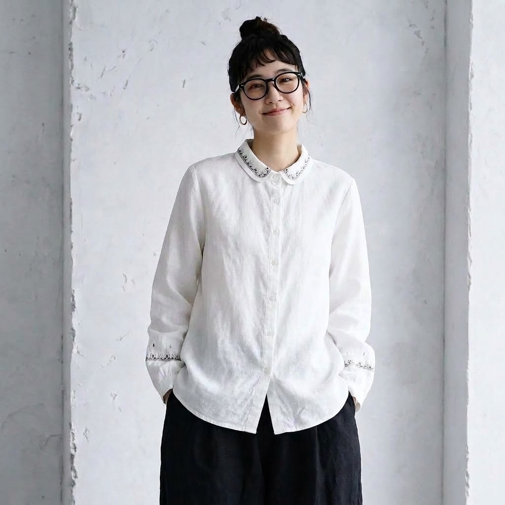 M-L 新作発売！ ランタンスリーブ 無地 長袖 刺繍 パフカラー シングルブレスト レトロ シャツ L ホワイト