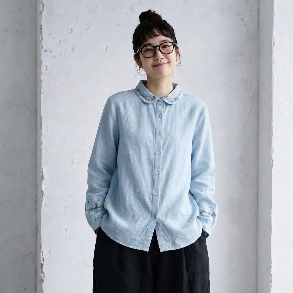 M-L 新作発売！ ランタンスリーブ 無地 長袖 刺繍 パフカラー シングルブレスト レトロ シャツ L スモーキーブルー