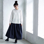 M-L 新作発売！ ランタンスリーブ 無地 長袖 刺繍 パフカラー シングルブレスト レトロ シャツ M ネイビー