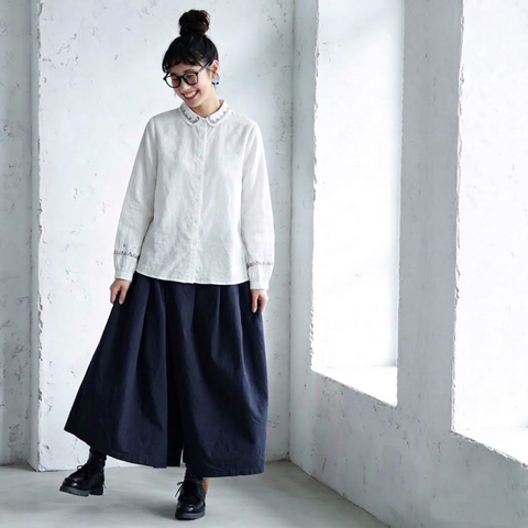 M-L 新作発売！ ランタンスリーブ 無地 長袖 刺繍 パフカラー シングルブレスト レトロ シャツ M ネイビー