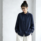 M-L 新作発売！ ランタンスリーブ 無地 長袖 刺繍 パフカラー シングルブレスト レトロ シャツ M ネイビー