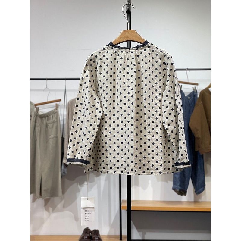 M-2XL 人気沸騰 綿麻 ドット柄  長袖  ボタン カジュアル シャツ M 写真通り