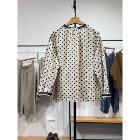 M-2XL 人気沸騰 綿麻 ドット柄  長袖  ボタン カジュアル シャツ M 写真通り