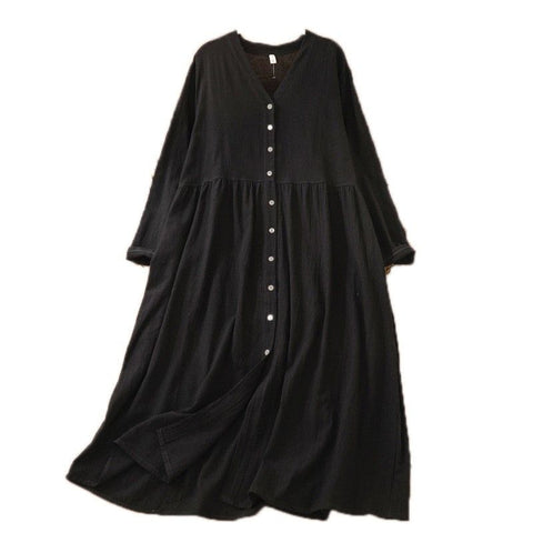 M-2XL V ネック 前ボタン ギャザーデザイン ゆったり レトロ カジュアル 長袖 ロングワンピース M 写真通り
