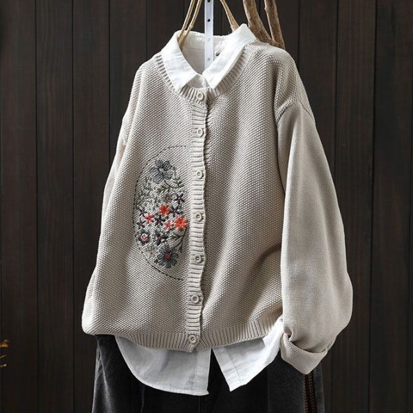 S-3XL 刺繍デザイン 前ボタン ルーズシルエット レトロ 長袖 ニットカーディガン S パープル