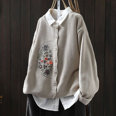 S-3XL 刺繍デザイン 前ボタン ルーズシルエット レトロ 長袖 ニットカーディガン S パープル
