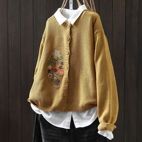 S-3XL 刺繍デザイン 前ボタン ルーズシルエット レトロ 長袖 ニットカーディガン S パープル
