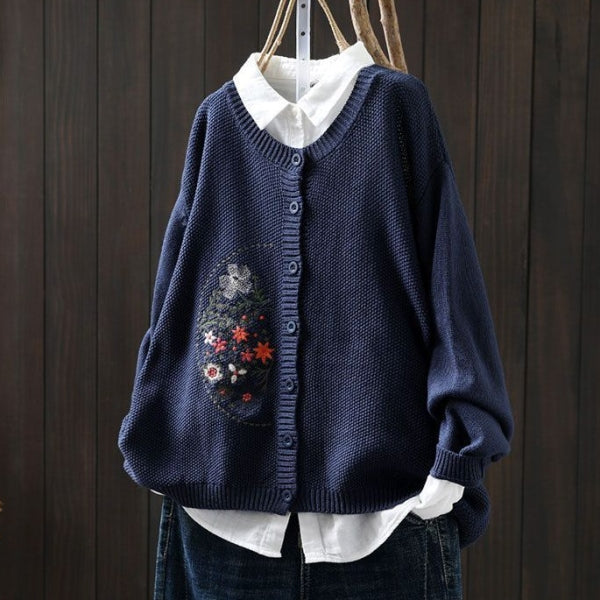 S-3XL 刺繍デザイン 前ボタン ルーズシルエット レトロ 長袖 ニットカーディガン S パープル