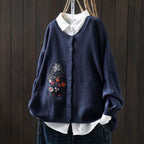 S-3XL 刺繍デザイン 前ボタン ルーズシルエット レトロ 長袖 ニットカーディガン S パープル