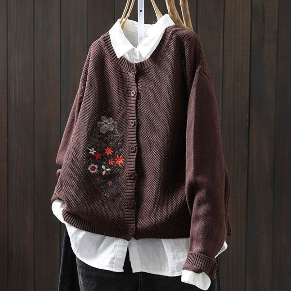 S-3XL 刺繍デザイン 前ボタン ルーズシルエット レトロ 長袖 ニットカーディガン S パープル