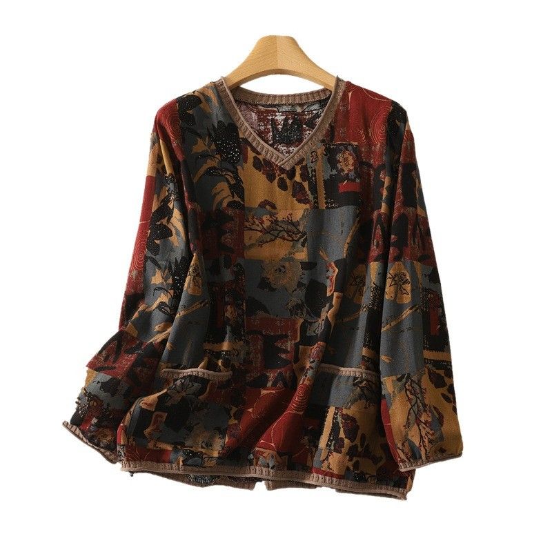 フリーサイズ Vネック 切り替え プリント 長袖 幾何模様 カジュアル Tシャツ フリー レッド