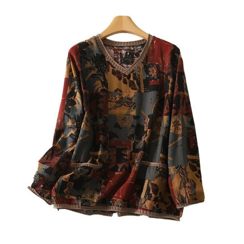 フリーサイズ Vネック 切り替え プリント 長袖 幾何模様 カジュアル Tシャツ フリー レッド