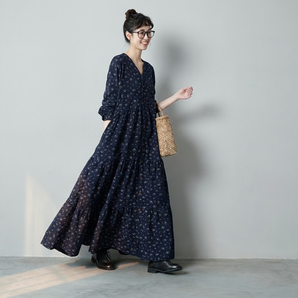 女性に大人気 花柄 シングルブレスト 森ガール Vネック 長袖 ワンピース フリー ネイビー