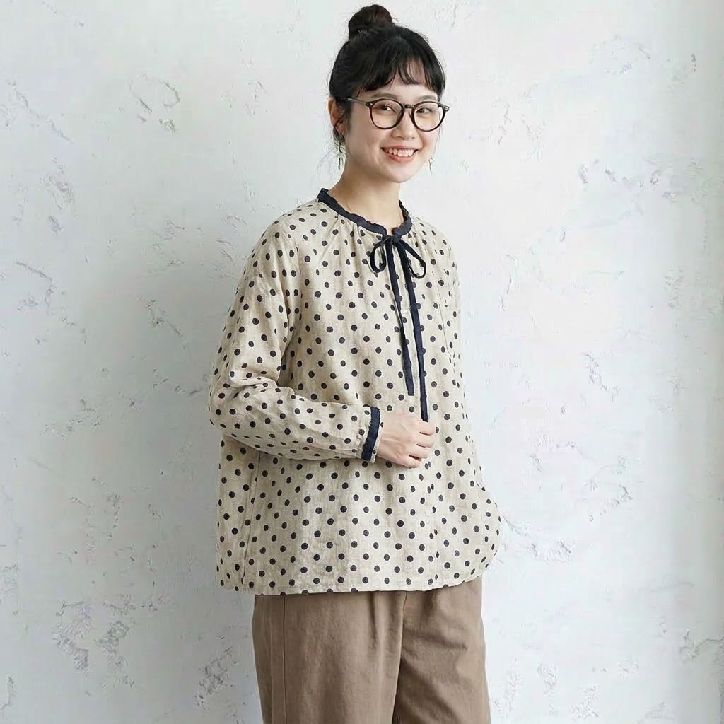 M-2XL 人気沸騰 綿麻 ドット柄  長袖  ボタン カジュアル シャツ M 写真通り