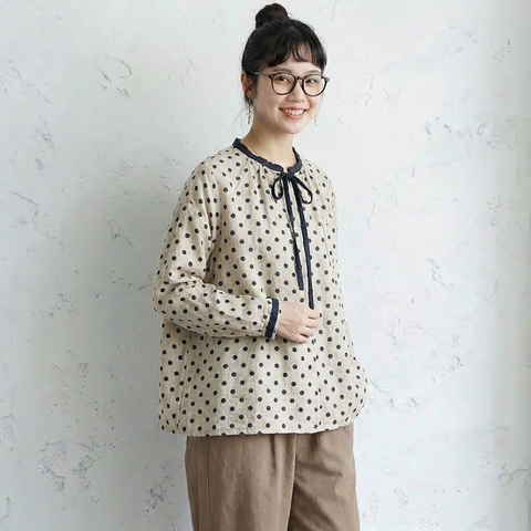 M-2XL 人気沸騰 綿麻 ドット柄  長袖  ボタン カジュアル シャツ M 写真通り