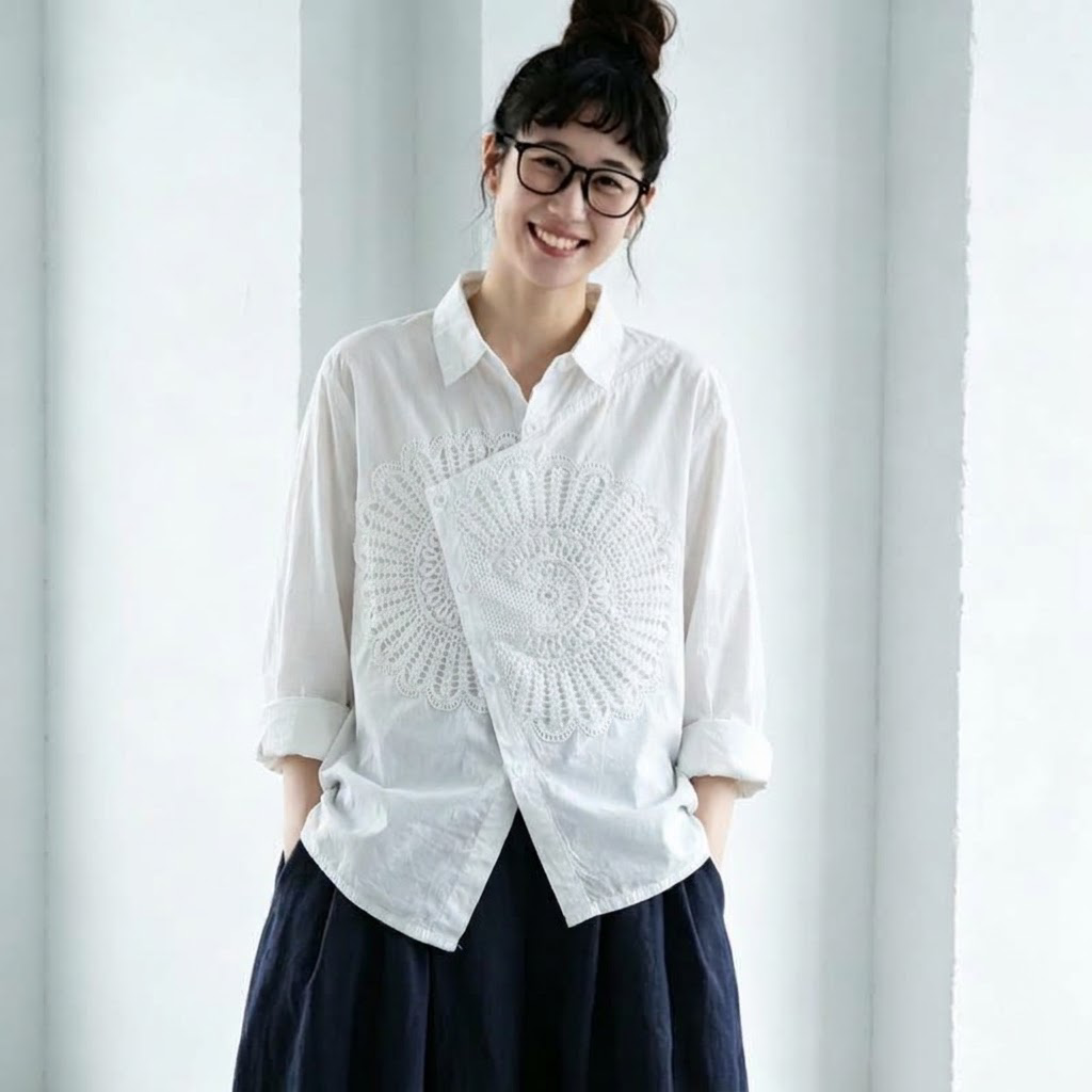 M-2XL 綿麻 大人ナチュラル 無地 刺繍 長袖 シャツ 2XL ホワイト