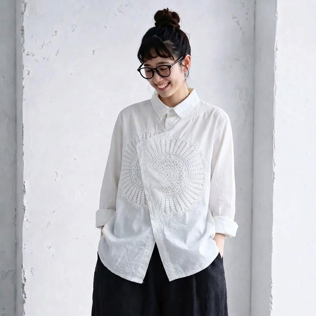 M-2XL 綿麻 大人ナチュラル 無地 刺繍 長袖 シャツ M ホワイト