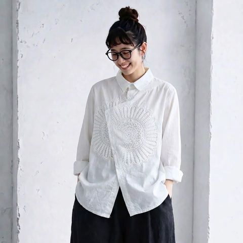 M-2XL 綿麻 大人ナチュラル 無地 刺繍 長袖 シャツ M ホワイト