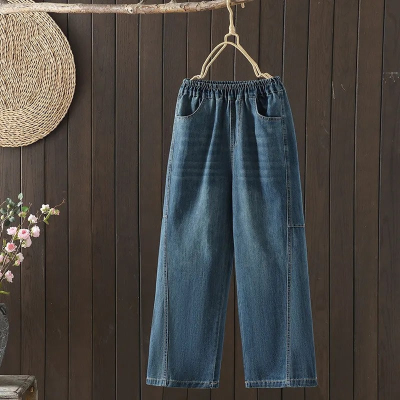 M-3XL ハイウエスト 無地 シンプル ジーンズ M ブルー01