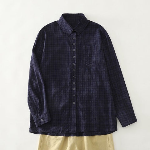 L-XL 新作入荷 長袖 チェック柄 折り襟 シングルブレスト 森ガール シャツ L 写真と同じ