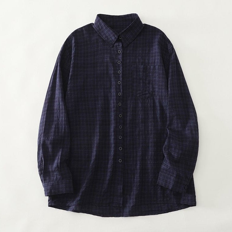 L-XL 新作入荷 長袖 チェック柄 折り襟 シングルブレスト 森ガール シャツ L 写真と同じ