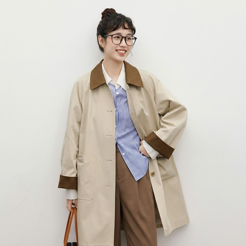 S-XL リピー数高 配色 フェミニン 折り襟 シングルブレスト 長袖 トレンチコート S ベージュ