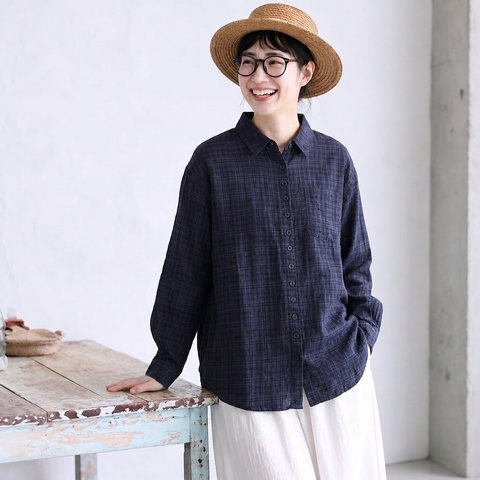L-XL 新作入荷 長袖 チェック柄 折り襟 シングルブレスト 森ガール シャツ L 写真と同じ