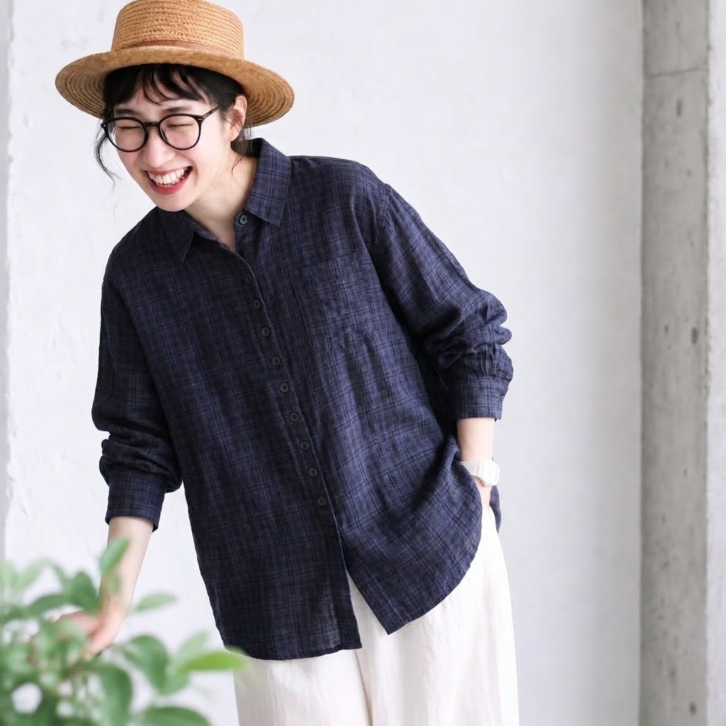 L-XL 新作入荷 長袖 チェック柄 折り襟 シングルブレスト 森ガール シャツ L 写真と同じ