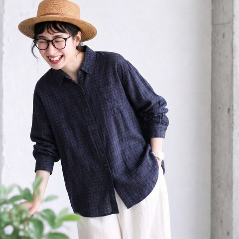 L-XL 新作入荷 長袖 チェック柄 折り襟 シングルブレスト 森ガール シャツ L 写真と同じ