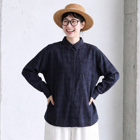 L-XL 新作入荷 長袖 チェック柄 折り襟 シングルブレスト 森ガール シャツ L 写真と同じ