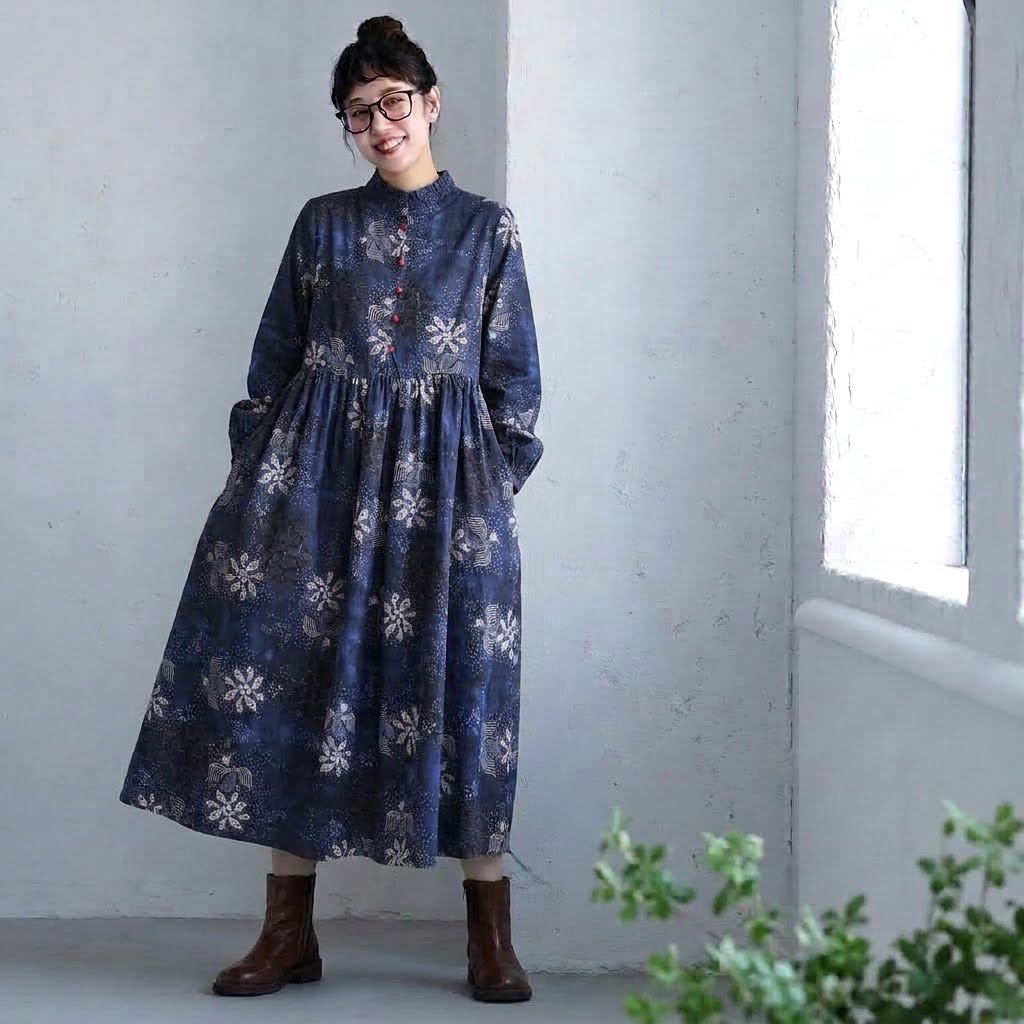 M-2XL  秋のお出かけに 花柄コーデュロイワンピース M ネービー